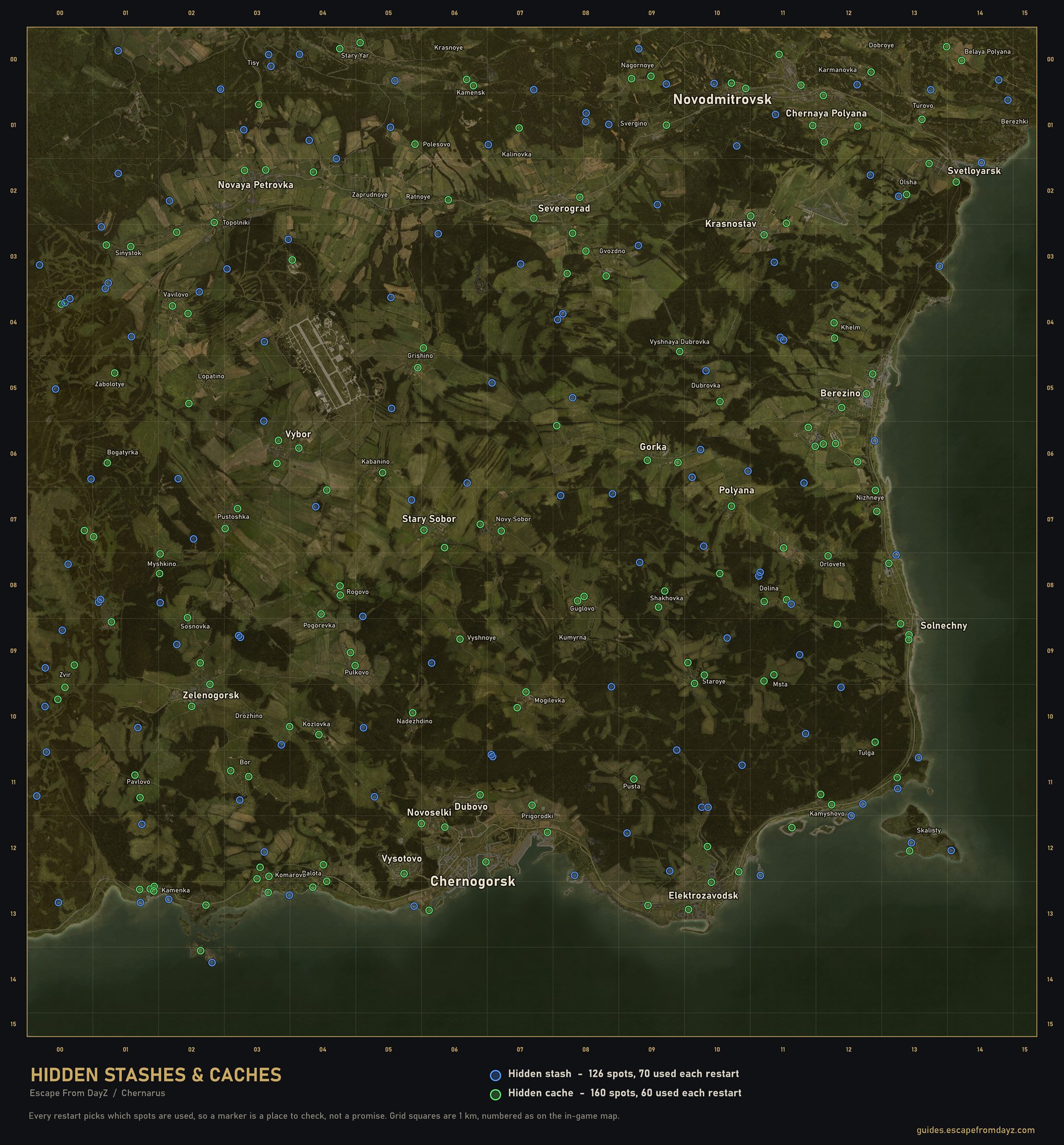Chernarus satellite map with every hidden stash spot in blue and every hidden cache spot in green, on the in-game 1 km grid